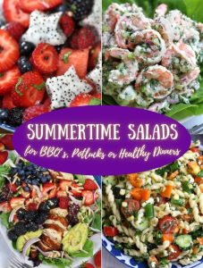 Summertime Salads collage featuring fruit salad, chicken berry salad, shrimp salad and a summer pasta salad.