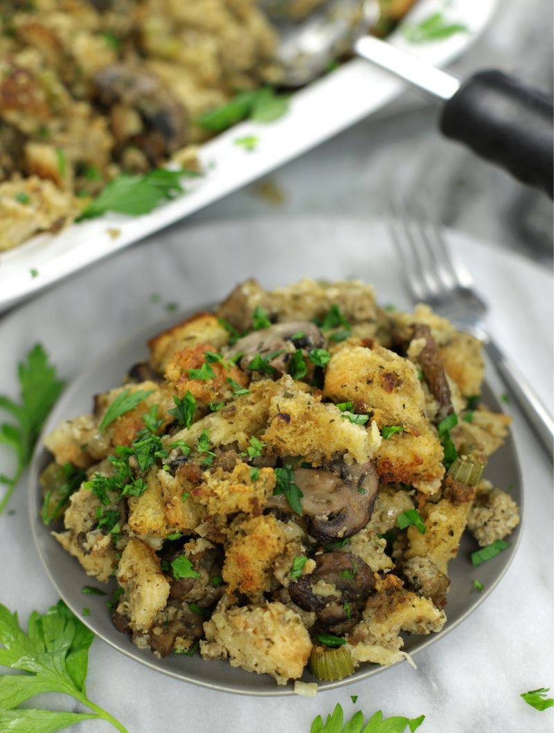 A small plate full of Sourdough Stuffing.